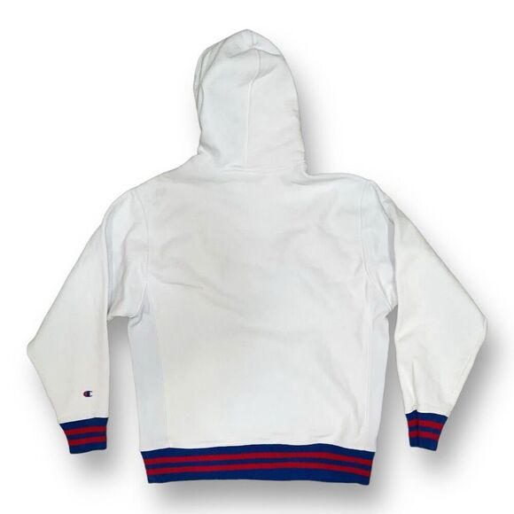 🏁 Vintage Champion Reverse Weave White Hoodie‎ – Striped Cuffs Size L - Picture 6 of 6